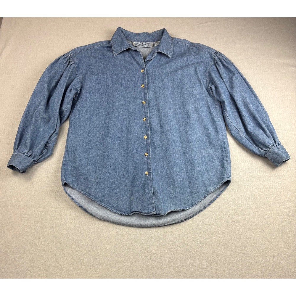 Vintage Bonjour Denim Button Down Shirt Medium Puff Sleeve Pleated Back